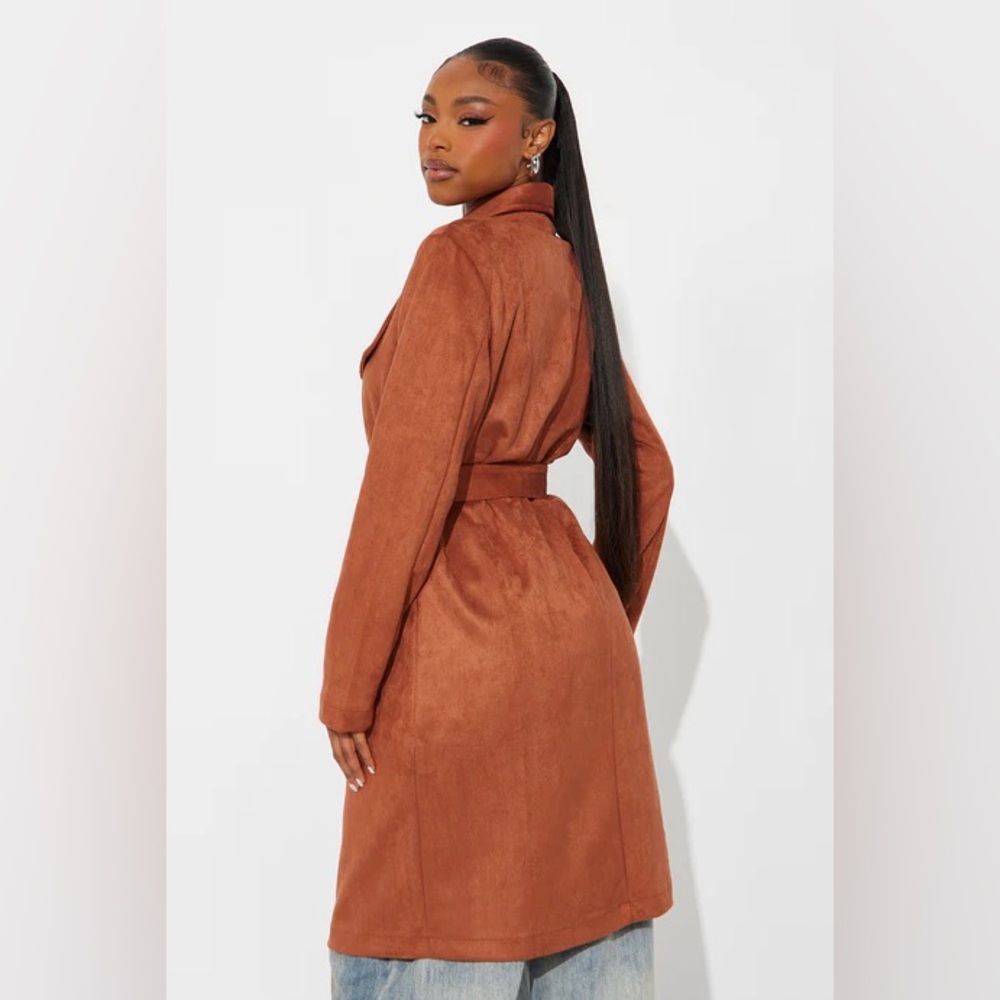 •Falling for You• Faux Suede Cognac Belted Trench Coat - Picture 3 of 4
